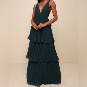 LULUS Mesmerizing Essence Emerald Pleated Backless Tiered Maxi Dress
